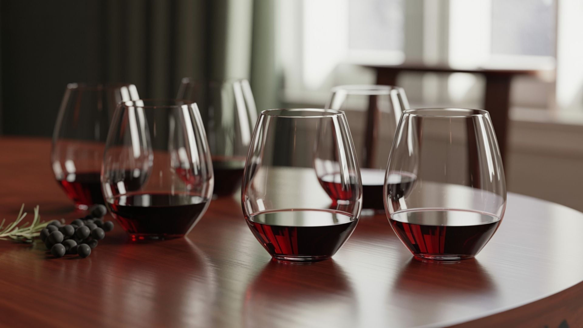 Elegant stemless wine glasses on a wooden table with red wine poured